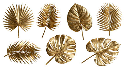 Set of metallic gold tropical palm and monstera leaves with glossy texture © Sylas