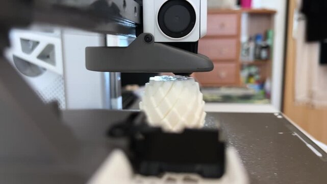 Close-up video of a mini 3D printer operating, printing at home