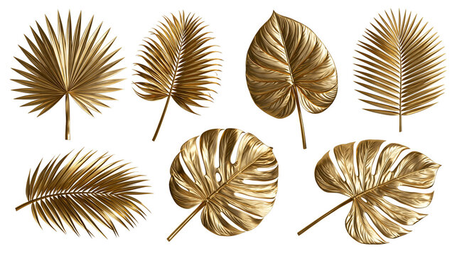 Set of metallic gold tropical palm and monstera leaves with glossy texture