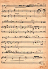 Fototapeta premium Vintage Sheet Music Page Printable Ephemera for Junk Journals, Scrapbooking, Crafts Real Old Music Notes. Scanned Music sheet. Use as background for scrapbook and junk journal making. Antique stains.