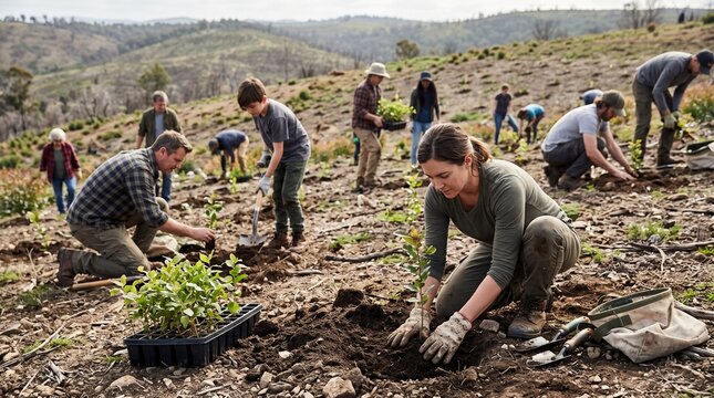 Reforestation Volunteers Planting Tree Saplings on Restored Hillside