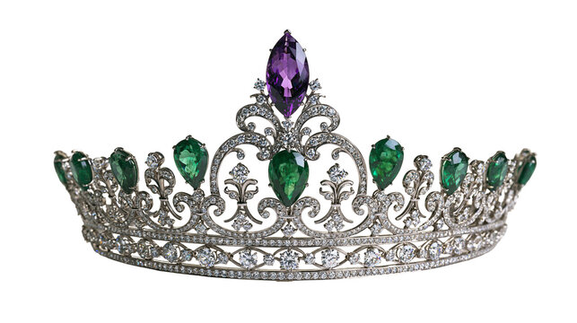 Ornate silver tiara with marquise cut amethyst and pear cut emerald gemstones