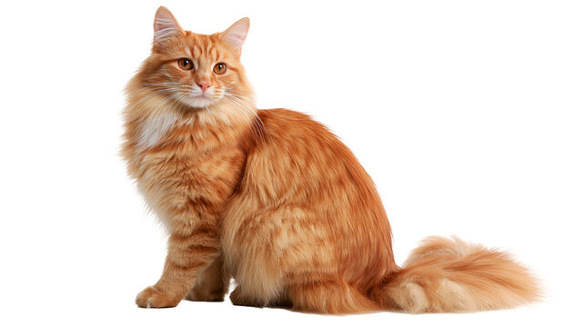 Fluffy ginger Maine Coon cat sitting with long fur and amber eyes