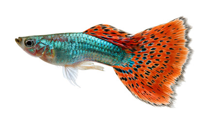 Vibrant orange and turquoise guppy fish with spotted tail fin © Sylas