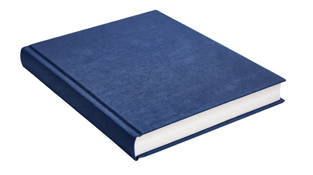 Closed rectangular book with dark blue textured fabric cover and white pages