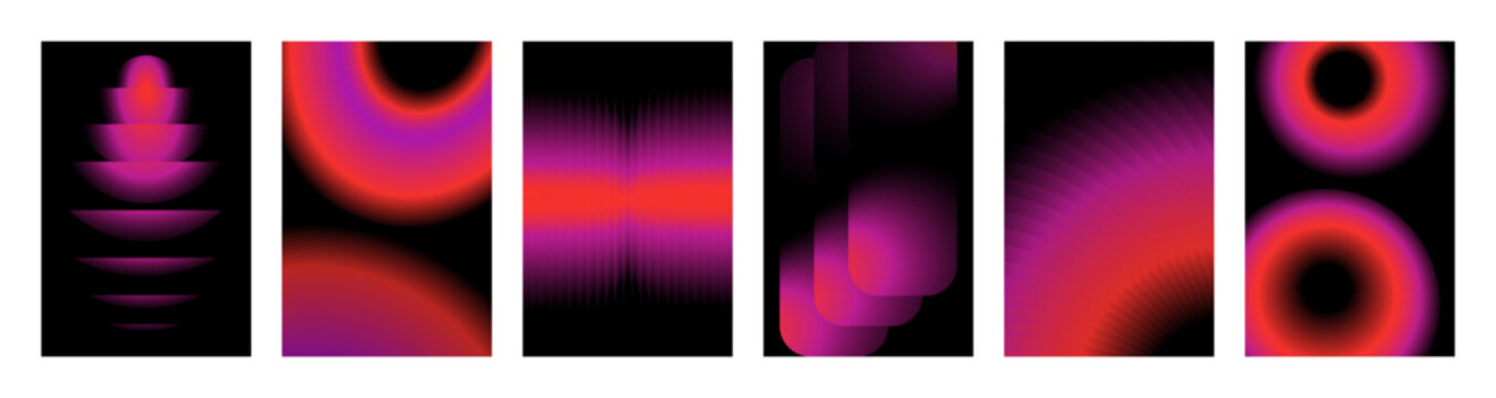 Abstract gradient posters. Designs of modern covers with abstract shapes in gradient. Digital art with blended lights. Backgrounds with shapes and flows of colors. Modern minimal art for wallpapers.