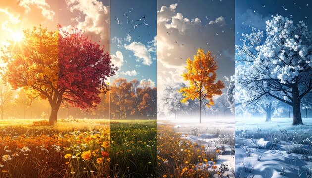 A majestic tree showcases the beauty of all four seasons in a single captivating scene.