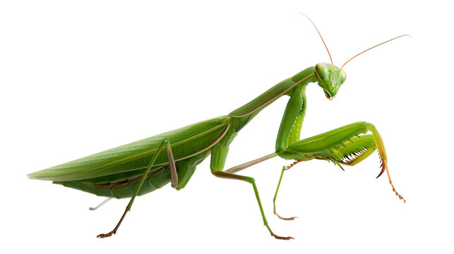 Bright green praying mantis insect with long antennae and spiny raptorial legs