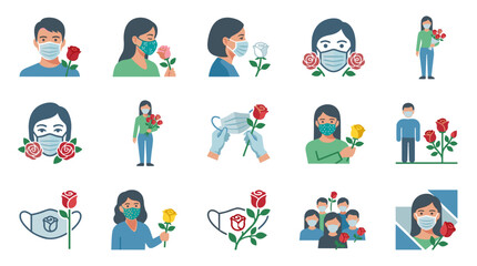 Fototapeta premium Vector illustration of a person wearing a protective medical face mask for health safety, hygiene, and virus prevention, isolated on white background in a clean flat design style.