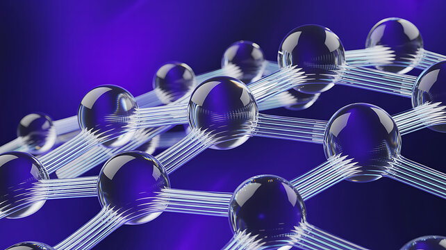 A close up view of a molecular structure model featuring transparent glass spheres connected by rods, set against a deep blue background, representing chemistry, science, and nanotechnology research