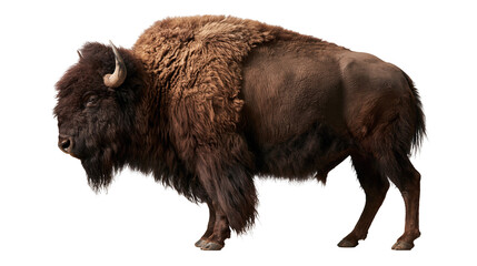 Large adult American bison with thick brown fur and curved horns standing profile © Sylas