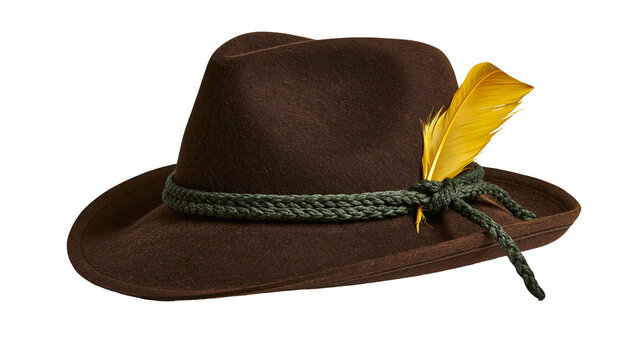 Dark brown felt Tyrolean hat with green braided cord and yellow feather