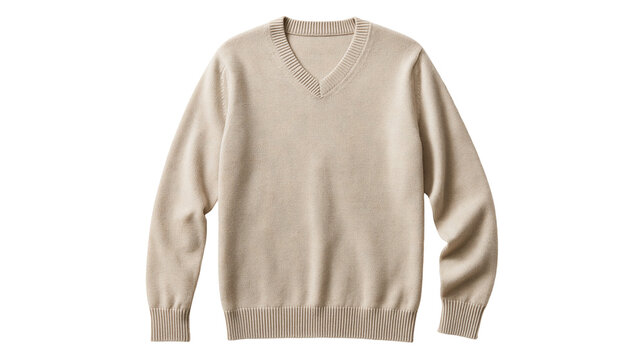 Beige V-neck long sleeve knitted sweater with ribbed cuffs and hem