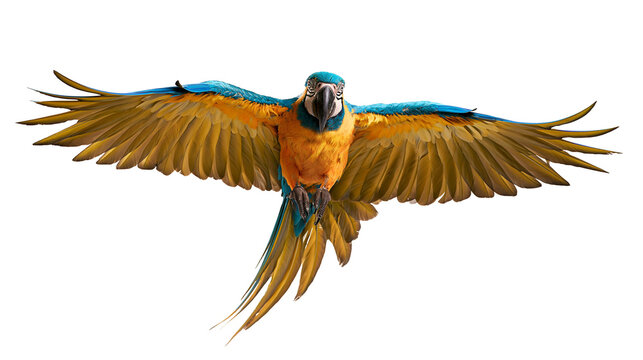 Blue and yellow macaw parrot flying with wings spread wide