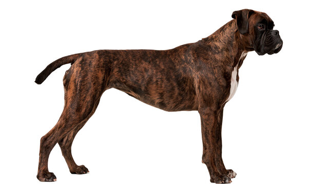 Brindle boxer dog standing in profile with white chest patch