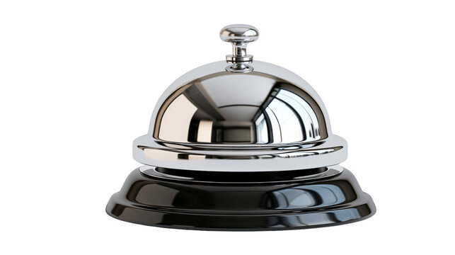 Shiny chrome hotel reception desk bell with a black circular base