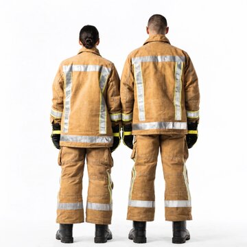 A full body rear view of professional male firefighters standing in studio