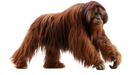 Large adult male orangutan with long shaggy reddish brown fur walking © Sylas