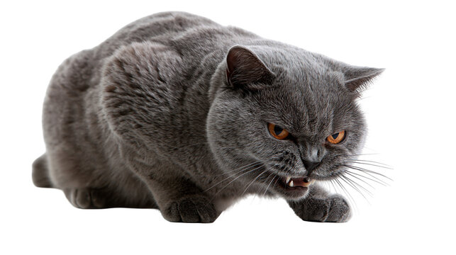 Aggressive British Shorthair cat with grey fur and orange eyes hissing