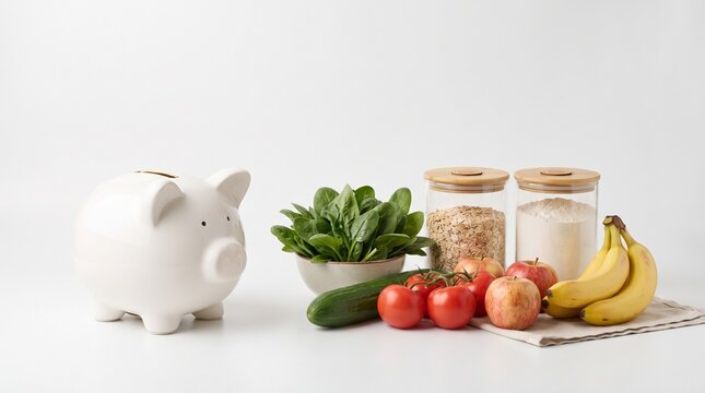 Piggy bank with fresh vegetables and pantry staples