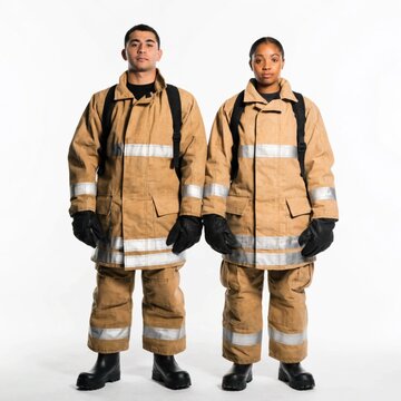 A full body portrait of a male and female firefighter in uniform standing in studio