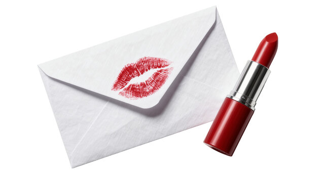 Red lipstick kiss mark on white envelope, isolated on transparent background