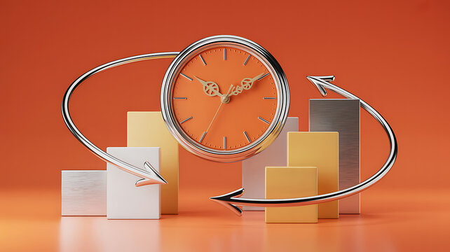A metallic clock face surrounded by a circular arrow on an orange background, accompanied by various rectangular bars of different heights, representing business growth, time cycles, and financial