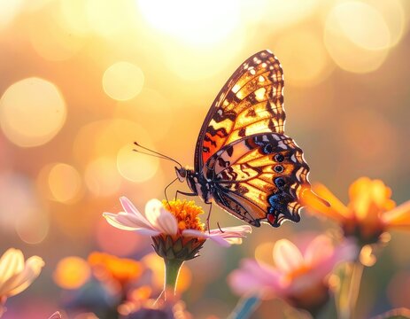 A butterfly rests on a delicate flower with a soft, bokeh background.