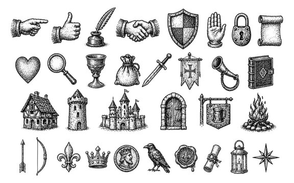 Medieval vintage icon set. Hand drawn engraved symbols of castles, knights, weapons, royal and heraldic elements.