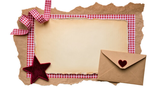 Crafted scrapbook page with torn paper gingham ribbon velvet star and envelope, isolated on transparent background