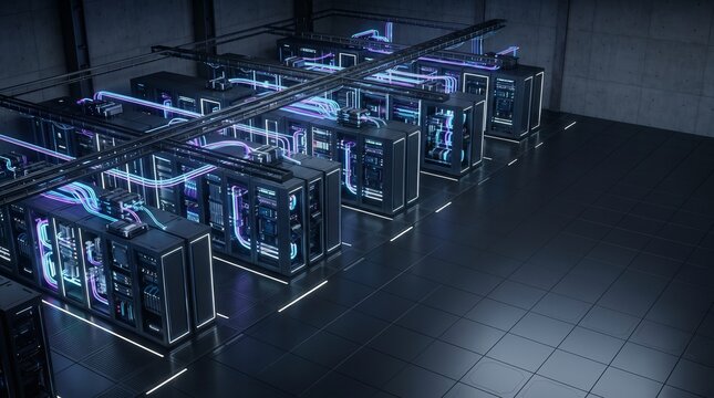Advanced high-tech server racks in a modern data center with liquid cooling and network infrastructure