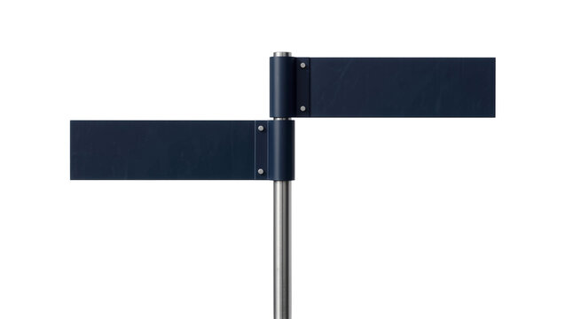 Dark blue directional signpost with two blank rectangular plates, isolated on transparent background