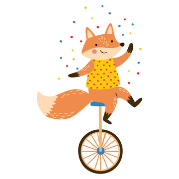 Cute fox performing on a unicycle, balancing on one leg with arms extended, wearing a colorful polka dot dress. Playful circus character with confetti. Flat vector illustration. Vector illustration
