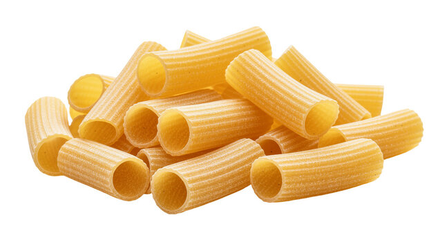 Pile of dry rigatoni pasta tubes with ridged texture, isolated on transparent background