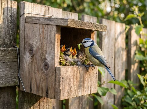 Blue Tit Feeding Chicks in a Wooden Nest Box