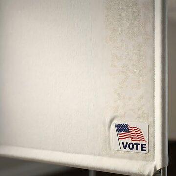 I voted sticker on a white fabric voting booth screen