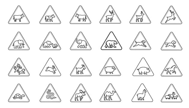A set of animal warning traffic signs (or wildlife crossing signs) featuring symbols of various animals.