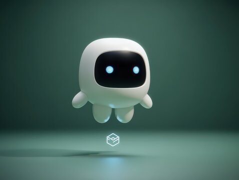 Cute white minimalist robot character floating with glowing blue digital eyes and a neon cube icon against a smooth dark teal studio background for tech concepts