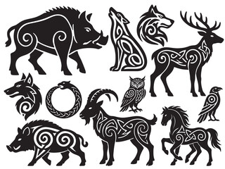 Obraz premium Celtic Tribal Animal Silhouette Vector Set with Traditional Knotwork Patterns