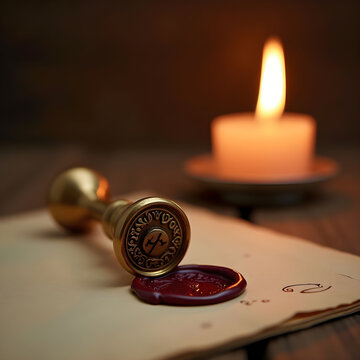 Wax seal stamp with sealing wax and candle