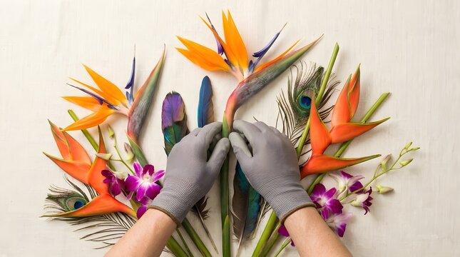 Gloved hands arranging exotic bird of paradise flowers and peacock feathers in a tropical display.