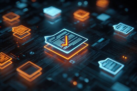 Abstract digital concept of document verification and automated data processing with glowing neon file icons on a high-tech circuit board background for cyber security