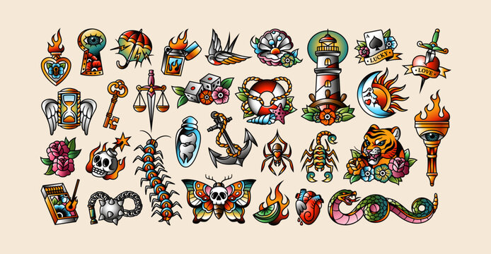 Old school tattoo designs set. Old fashion tattoos of skulls, flowers, hearts and snakes. Traditional vintage elements for body art. Retro designs with birds, anchors and dice for art and stickers.