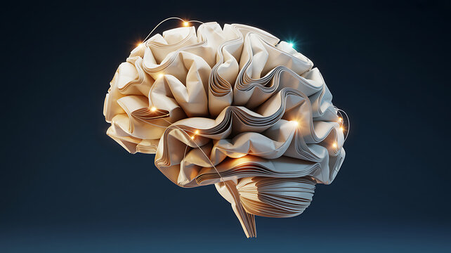 A 3D rendered human brain model constructed from layered with glowing light points connected by thin lines, representing neural pathways, artificial intelligence, and complex data processing systems