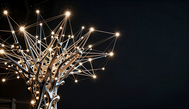 Abstract futuristic network tree with glowing nodes representing digital connectivity and artificial intelligence