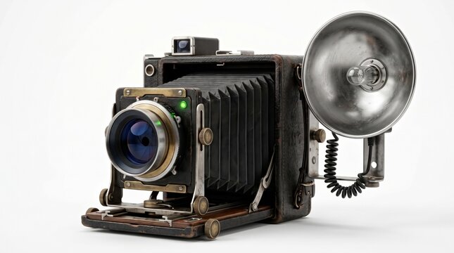 Antique view camera with leather bellows vintage isolated on a white background