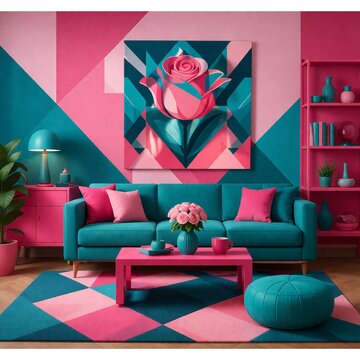 dopamine decor room round pouf cabinet
dopamine decor living room interior featuring triangle and square wall pattern round turquoise pouf pink side cabinet with table lamp turquoise sof