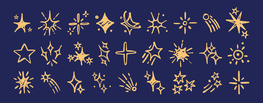 Doodle icons of stars, sparkles and sun. Hand drawn sparkles and outline stars. Doodle elements of sky. Shine of glitter and light of sparks. Drawn icons of abstract sparks, flashes and glitters.