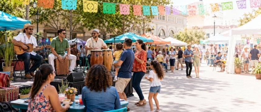 Latin American street food market with live musicians, dancing visitors, colorful papel picado banners, outdoor vendors, communal dining, and festive National Hispanic Heritage Month celebration in a7