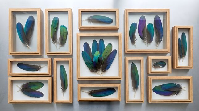 Collection of iridescent tropical bird feathers from Indonesia displayed in wooden specimen boxes